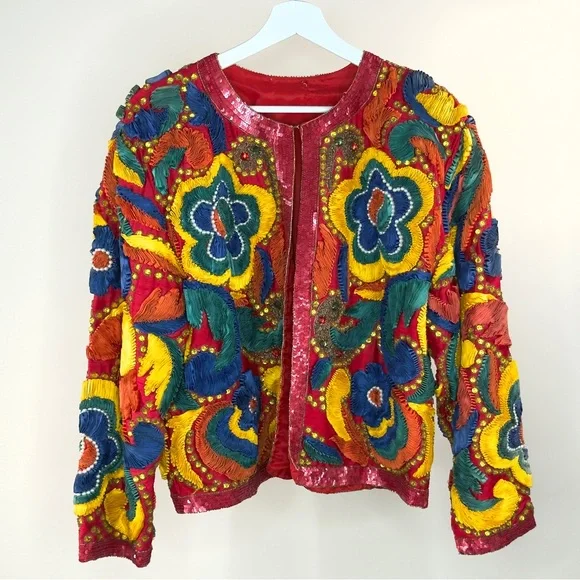 NEW Designer Sample Embroidered Jacket Colorful Boho Floral Statement Sz M - Picture 9 of 14